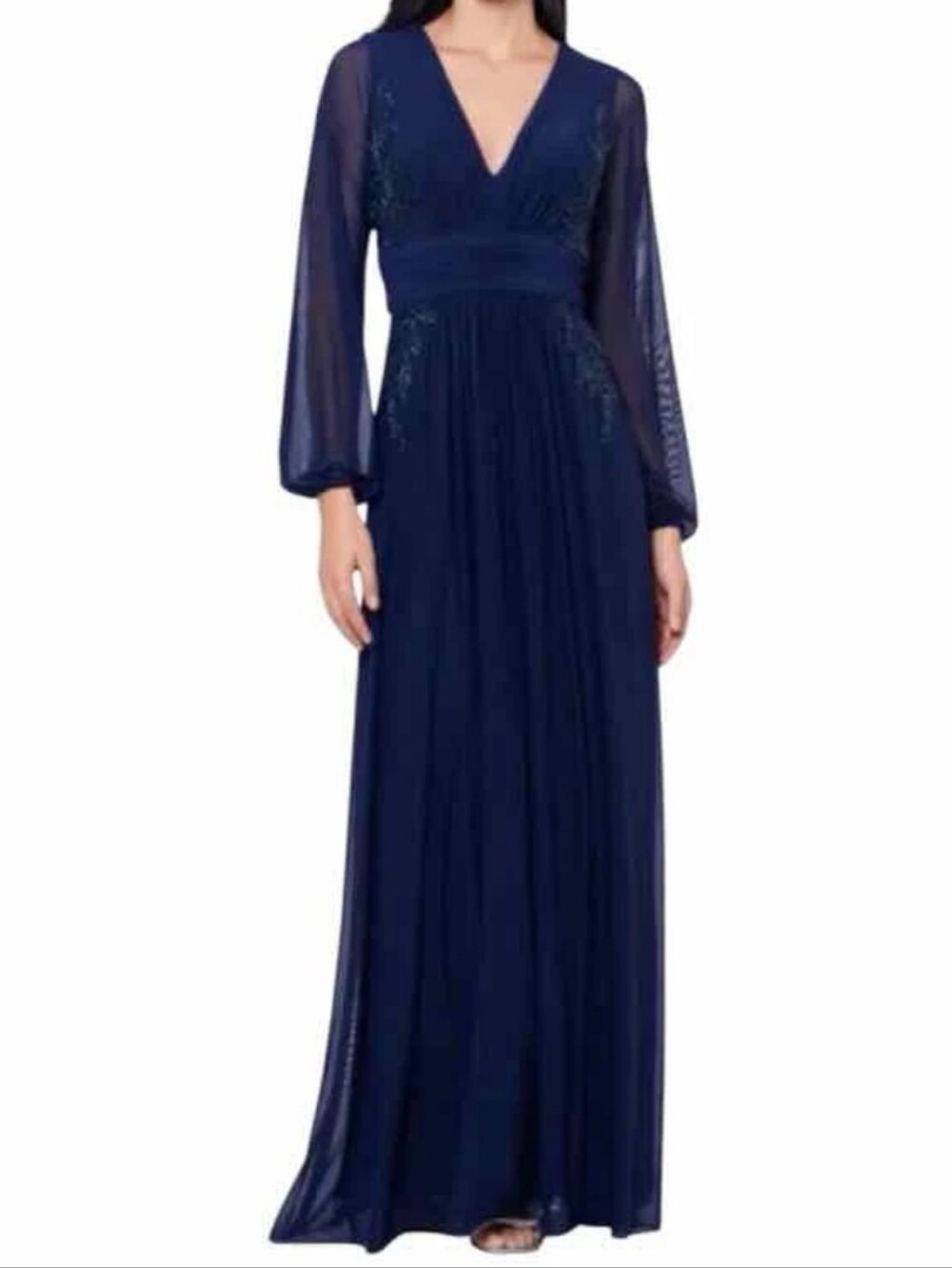 Betsy And Adam Elegant Long Sleeve V-Neck Navy Evening Dress. Metallic. - Picture 6 of 12